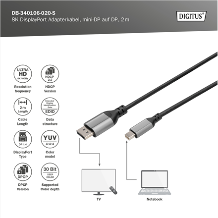 Digitus | 8K DisplayPort Adapter Cable, Mini DP to DP, 2 m | DB-340106-020-S | DisplayPort to DisplayPort
