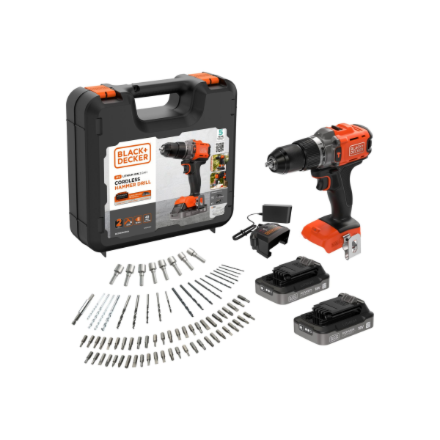 BLACK & DECKER 18V Impact Drill (with 2 x 18V 2.0Ah batteries with charge status indicator, 1A charger and 80 accessorie