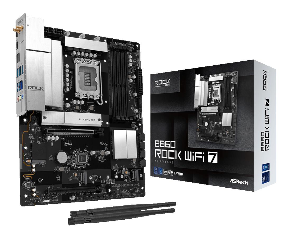 Mainboard ASROCK B860 Rock WiFi 7 Intel B860 LGA 1851 (Socket V1) ATX RAM DDR5-SDRAM 4xSlots Wi-Fi Yes Bluetooth Yes 3xNumber of M.2 (M) slots B860ROCKWIFI7