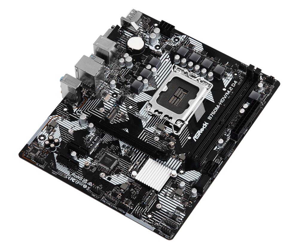 Mainboard ASROCK Intel B760 Express LGA1700 Micro-ATX Memory DDR4 Memory slots 2 2xPCI-Express 3.0 1x 1xPCI-Express 4.0 16x 2xM.2 1x15pin D-sub 1xHDMI 1xDisplayPort 2xUSB 2.0 3xUSB 3.2 1xUSB-C 1xPS/2 1xRJ45 3xAudio port B760M-HDV/M.2D4