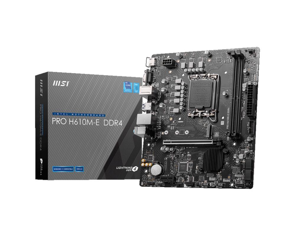 Mainboard MSI Intel H610 LGA1700 MicroATX Memory DDR4 Memory slots 2 1xPCI-Express 1x 1xPCI-Express 16x 1xM.2 1x15pin D-sub 1xHDMI 4xUSB 2.0 2xUSB 3.2 1xPS/2 1xRJ45 3xAudio port PROH610M-EDDR4