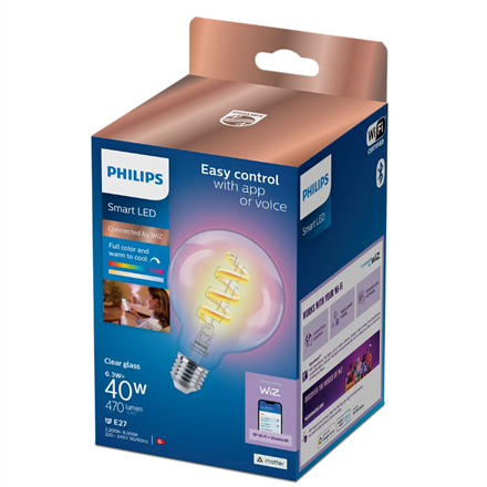 Philips Smart WiFi Filament Clear G95 470Lm | E27 | 6.3 W | RGB | Bluetooth, Wi-Fi
