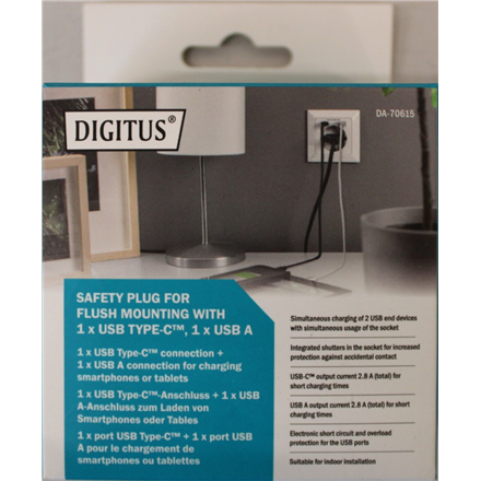SALE OUT. DIGITUS Safety Plug for Flush Mounting with 1 x USB Type-C, 1 x USB A | Digitus | Safety Plug for Flush Mounti