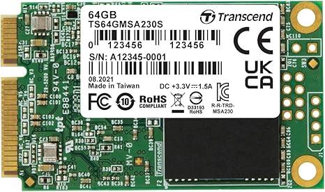 SSD TRANSCEND 64GB mSATA SATA 3.0 3D NAND Write speed 200 MBytes/sec Read speed 350 MBytes/sec TBW 35 TB MTBF 200000 hours TS64GMSA230S