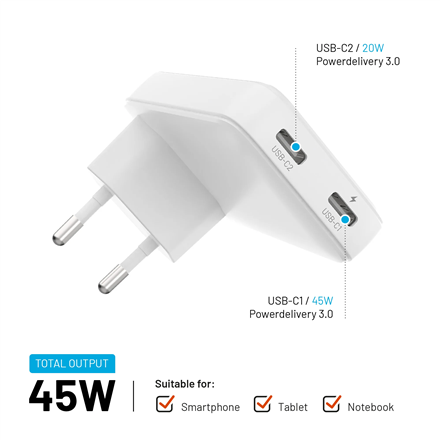 Fixed Slim 2xUSB-C Travel Charger, GaN, PD support
