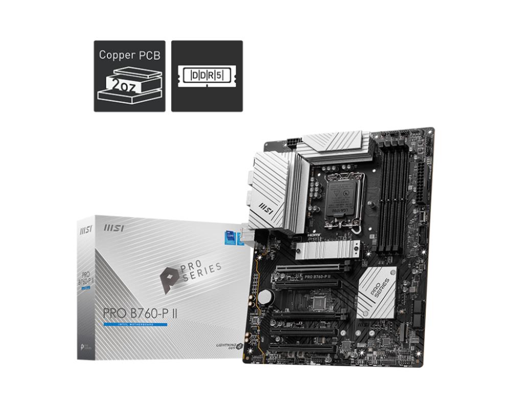 Mainboard MSI Intel B760 Express LGA1700 Memory DDR5 Memory slots 4 5xPCI-Express 5.0 16x 2xM.2 1xHDMI 1xDisplayPort 2xUSB 2.0 2xUSB 3.2 1xUSB-C 1xOptical S/PDIF 1xRJ45 5xAudio port PROB760-PII