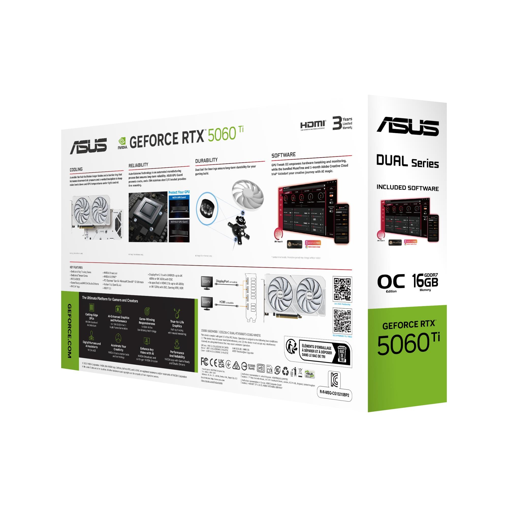 Graphics Card ASUS NVIDIA GeForce RTX 5060 Ti 16 GB GDDR7 128 bit PCIE 5.0 16x Dual Slot Fansink DUAL-RTX5060TI-O16G-WHITE