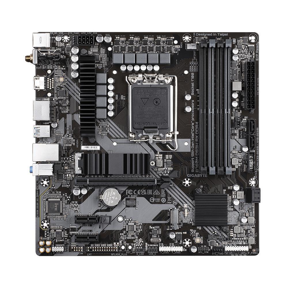 Mainboard GIGABYTE Intel B760 Express LGA1700 Micro-ATX Memory DDR4 Memory slots 4 2xPCI-Express 3.0 1x 1xPCI-Express 4.0 16x 2xM.2 1xHDMI 2xDisplayPort 2xAudio-In 1xAudio-Out 2xUSB 2.0 3xUSB 3.2 1xUSB-C 1xPS/2 1xRJ45 2xRF-Out B760MDS3HAXDDR41.2