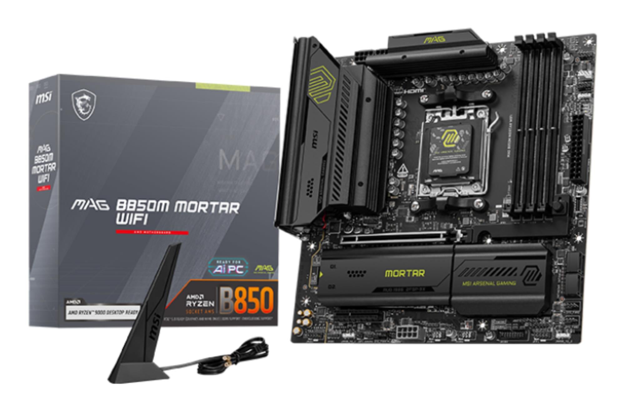 Mainboard MSI AMD B850 SAM5 Micro-ATX Memory DDR5 Memory slots 4 1xPCI-Express 4.0 4x 1xPCI-Express 4.0 8x 1xPCI-Express 4.0 16x 1xPCI-Express 5.0 16x 3xM.2 1xHDMI 3xUSB 2.0 4xUSB 3.2 2xUSB-C 1xOptical S/PDIF 1xRJ45 2xAudio port MAGB850MMORTARWIFI
