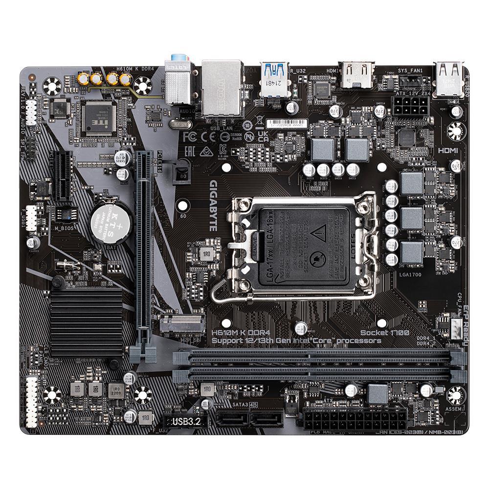 Mainboard GIGABYTE Intel H610 LGA1700 Micro-ATX Memory DDR4 Memory slots 2 1xPCI-Express 3.0 1x 1xPCI-Express 4.0 16x 1xM.2 1xHDMI 4xUSB 2.0 2xUSB 3.2 1xRJ45 3xAudio port H610MKDDR42.0