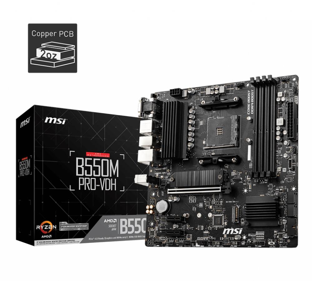 Mainboard MSI AMD B550 SAM4 MicroATX Memory DDR4 Memory slots 4 2xPCI-Express 3.0 1x 1xPCI-Express 4.0 16x 2xM.2 1x15pin D-sub 1xHDMI 1xDisplayPort 2xAudio-In 1xAudio-Out 2xUSB 2.0 4xUSB 3.2 1xPS/2 1xRJ45 B550MPRO-VDH