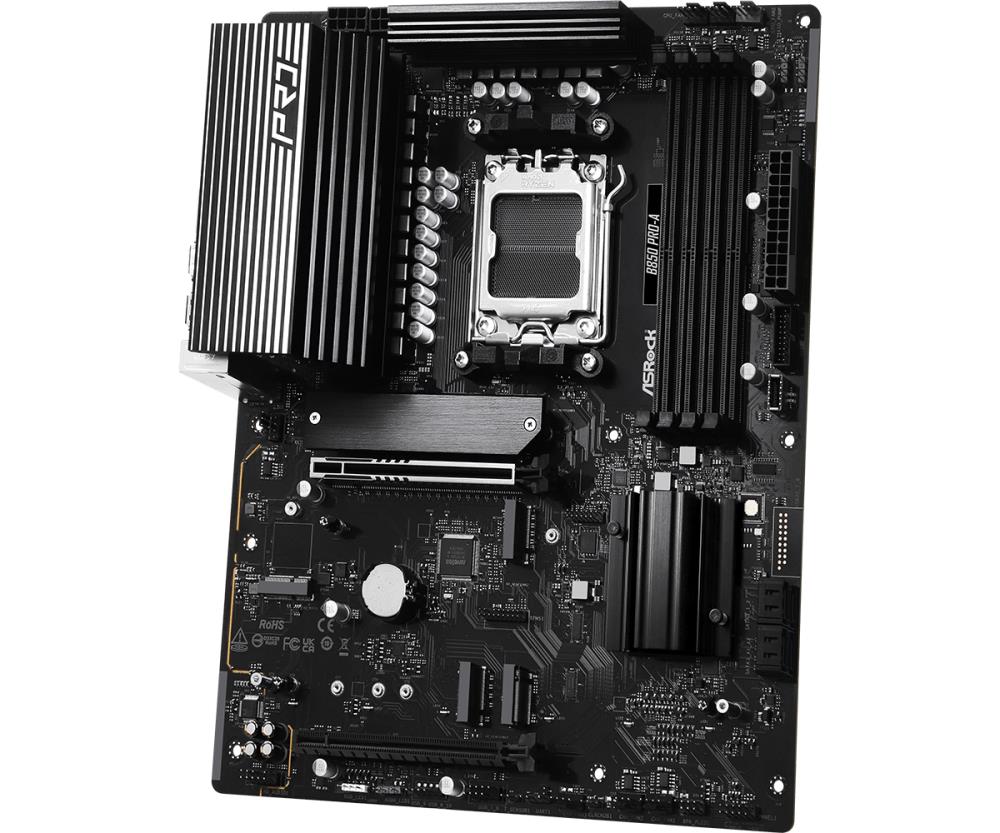 Mainboard ASROCK AMD B850 SAM5 ATX Memory DDR5 Memory slots 4 1xPCI-Express 4.0 16x 1xPCI-Express 5.0 16x 1xM.2 1xHDMI 1xAudio-In 1xAudio-Out 1xMicrophone 6xUSB 2.0 4xUSB 3.2 2xUSB-C 1xRJ45 B850PRO-A