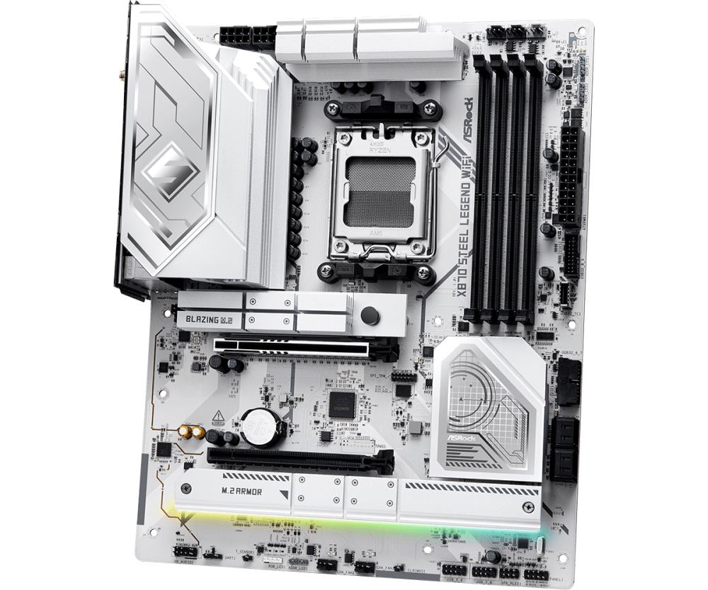 Mainboard ASROCK AMD X870 SAM5 ATX Memory DDR5 Memory slots 4 1xPCI-Express 4.0 16x 1xPCI-Express 5.0 16x 4xM.2 1xHDMI 4xUSB 2.0 5xUSB 3.2 2xUSB-C 1xOptical S/PDIF 1xRJ45 2xAudio port X870STEELLEGENDWIFI