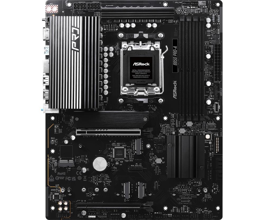 Mainboard ASROCK AMD B850 SAM5 ATX Memory DDR5 Memory slots 4 1xPCI-Express 4.0 16x 1xPCI-Express 5.0 16x 1xM.2 1xHDMI 1xAudio-In 1xAudio-Out 1xMicrophone 6xUSB 2.0 4xUSB 3.2 2xUSB-C 1xRJ45 B850PRO-A