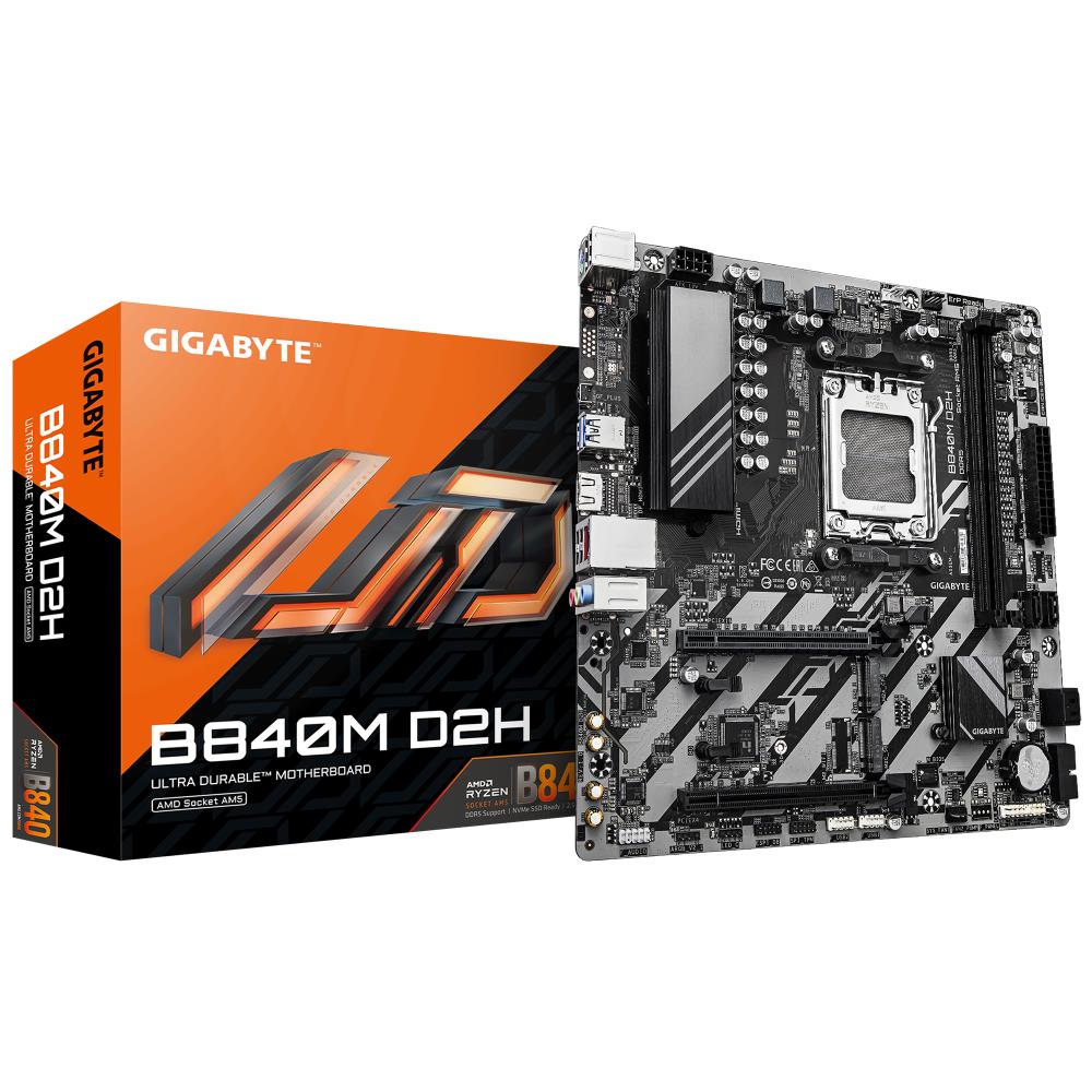 Mainboard GIGABYTE SAM5 Micro-ATX Memory DDR5 Memory slots 2 1xPCI-Express 3.0 4x 1xPCI-Express 4.0 16x 2xM.2 1xHDMI 4xUSB 2.0 2xUSB 3.2 1xPS/2 1xRJ45 3xAudio port B840MD2H