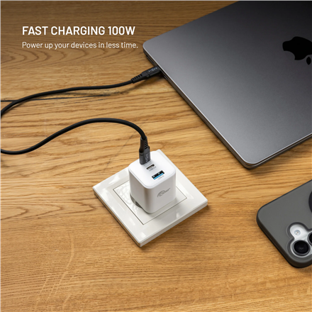 Fixed GaN Network Charger Mini with 2xUSB-C and USB output, PD support, 100 W, white | FIXCG100M-2C1A-WH