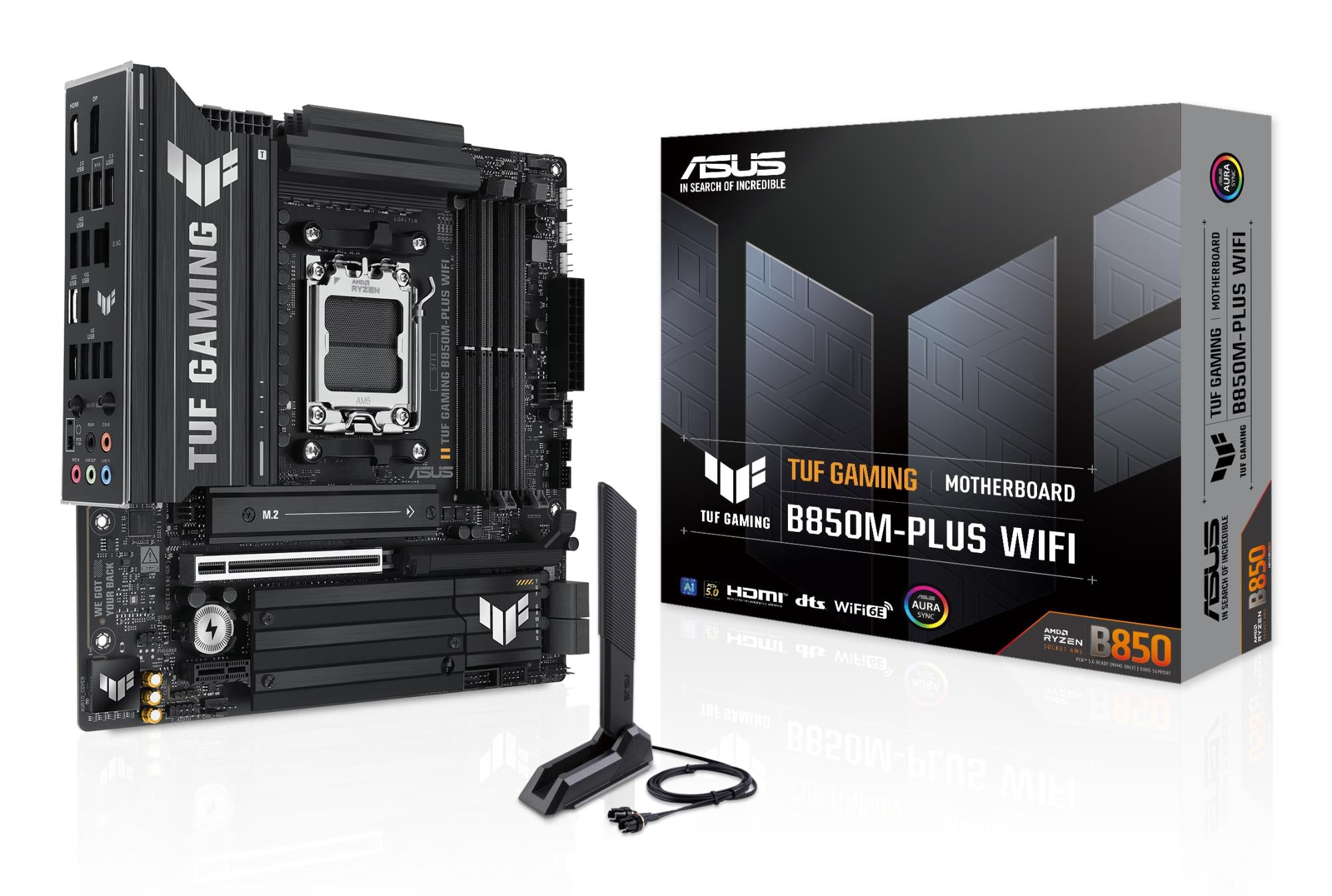 Mainboard ASUS AMD B850 SAM5 Micro-ATX Memory DDR5 Memory slots 4 1xPCI-Express 4.0 1x 1xPCI-Express 4.0 16x 1xPCI-Express 5.0 16x 3xM.2 1xHDMI 1xDisplayPort 11xUSB 2.0 2xUSB-C 1xRJ45 5xAudio port GAMINGB850M-PLUSWIFI
