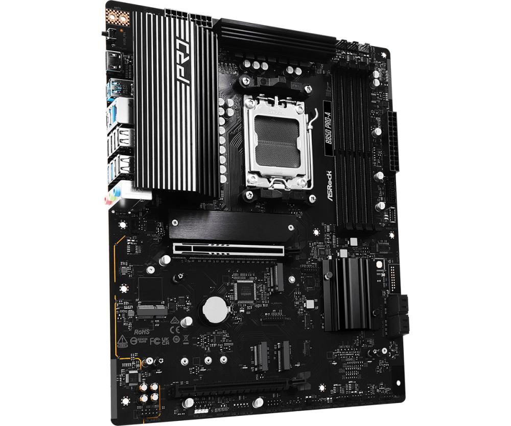 Mainboard ASROCK AMD B850 SAM5 ATX Memory DDR5 Memory slots 4 1xPCI-Express 4.0 16x 1xPCI-Express 5.0 16x 1xM.2 1xHDMI 1xAudio-In 1xAudio-Out 1xMicrophone 6xUSB 2.0 4xUSB 3.2 2xUSB-C 1xRJ45 B850PRO-A