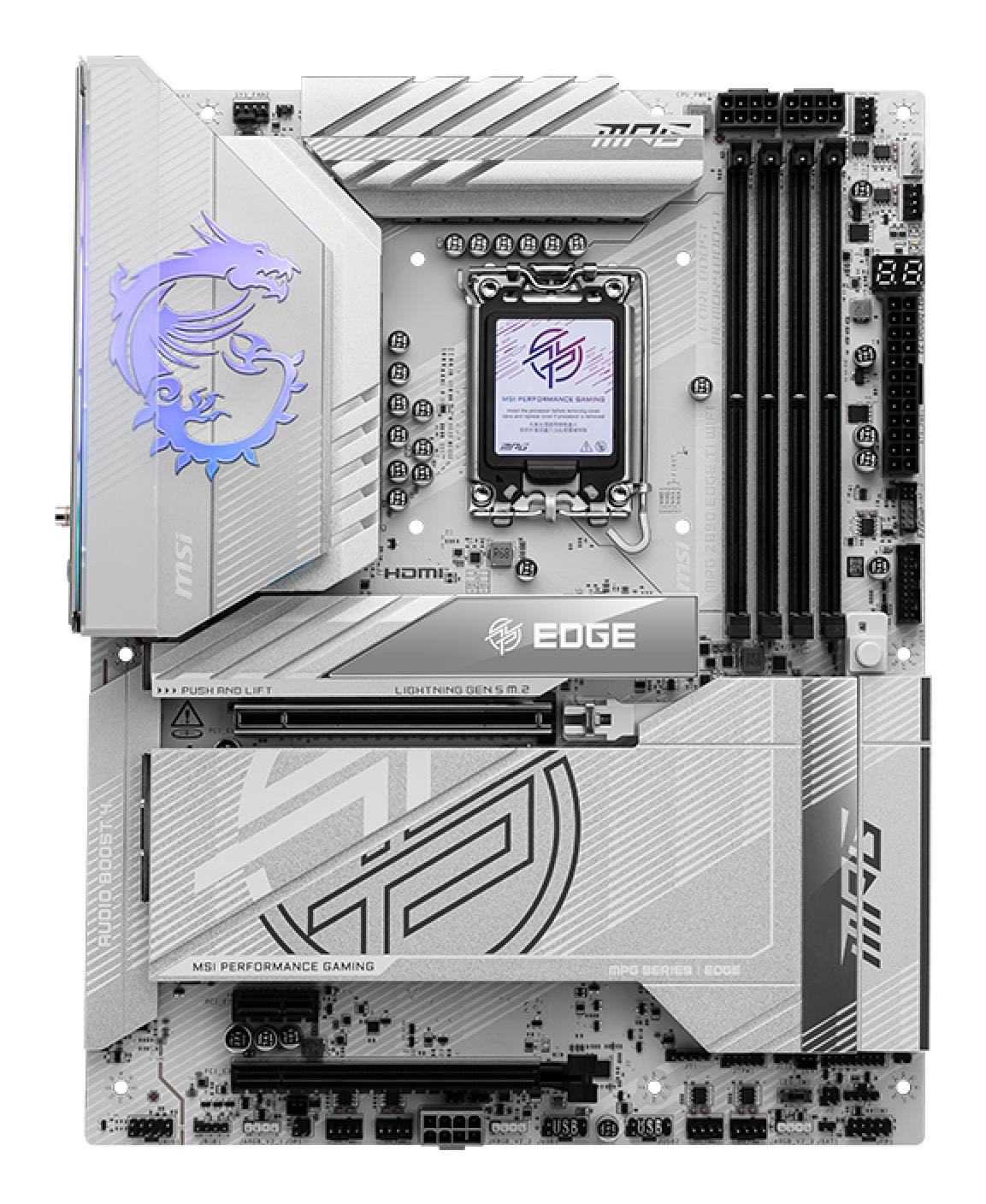 Mainboard MSI Intel Z890 LGA1851 ATX Memory DDR5 Memory slots 4 1xPCI-Express 1x 2xPCI-Express 16x 5xM.2 1xHDMI 1xAudio-In 1xAudio-Out 1xUSB 2.0 4xUSB 3.0 4xUSB 3.1 1xUSB-C 1xOptical S/PDIF 1xRJ45 2xThunderbolt MPGZ890EDGETIWIFI