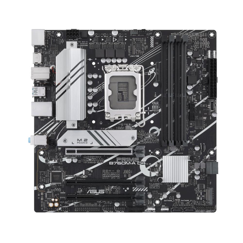 Mainboard ASUS Intel B760 Express LGA1700 Micro-ATX Memory DDR4 Memory slots 4 1xPCI-Express 4.0 16x 2xM.2 1xHDMI 1xDisplayPort 4xUSB 2.0 2xUSB 3.2 1xPS/2 1xRJ45 3xAudio port PRIMEB760M-AD4-CSM