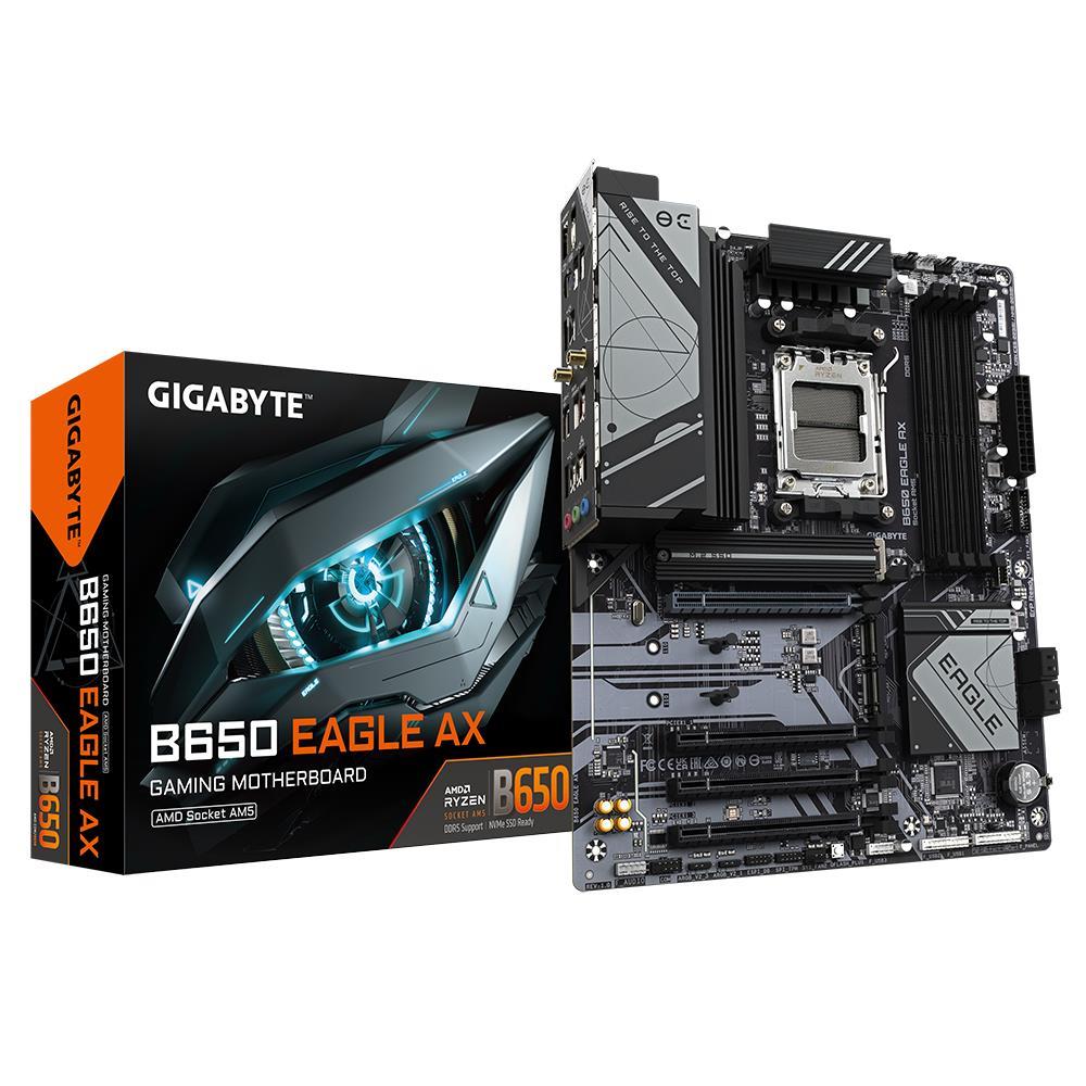 Mainboard GIGABYTE AMD B650 SAM5 ATX Memory DDR5 Memory slots 4 1xPCI-Express 16x 3xPCI-Express 3.0 16x 3xM.2 2xHDMI 1xDisplayPort 6xUSB 2.0 2xUSB 3.2 1xUSB-C 1xRJ45 3xAudio port B650EAGLEAX1.1