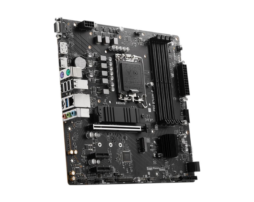 Mainboard MSI Intel B760 Express LGA1700 Micro-ATX Memory DDR5 Memory slots 4 2xPCI-Express 1x 1xPCI-Express 16x 2xM.2 1x15pin D-sub 1xHDMI 1xDisplayPort 4xUSB 2.0 1xUSB 3.2 1xUSB-C 2xPS/2 1xRJ45 3xAudio port PROB760M-P