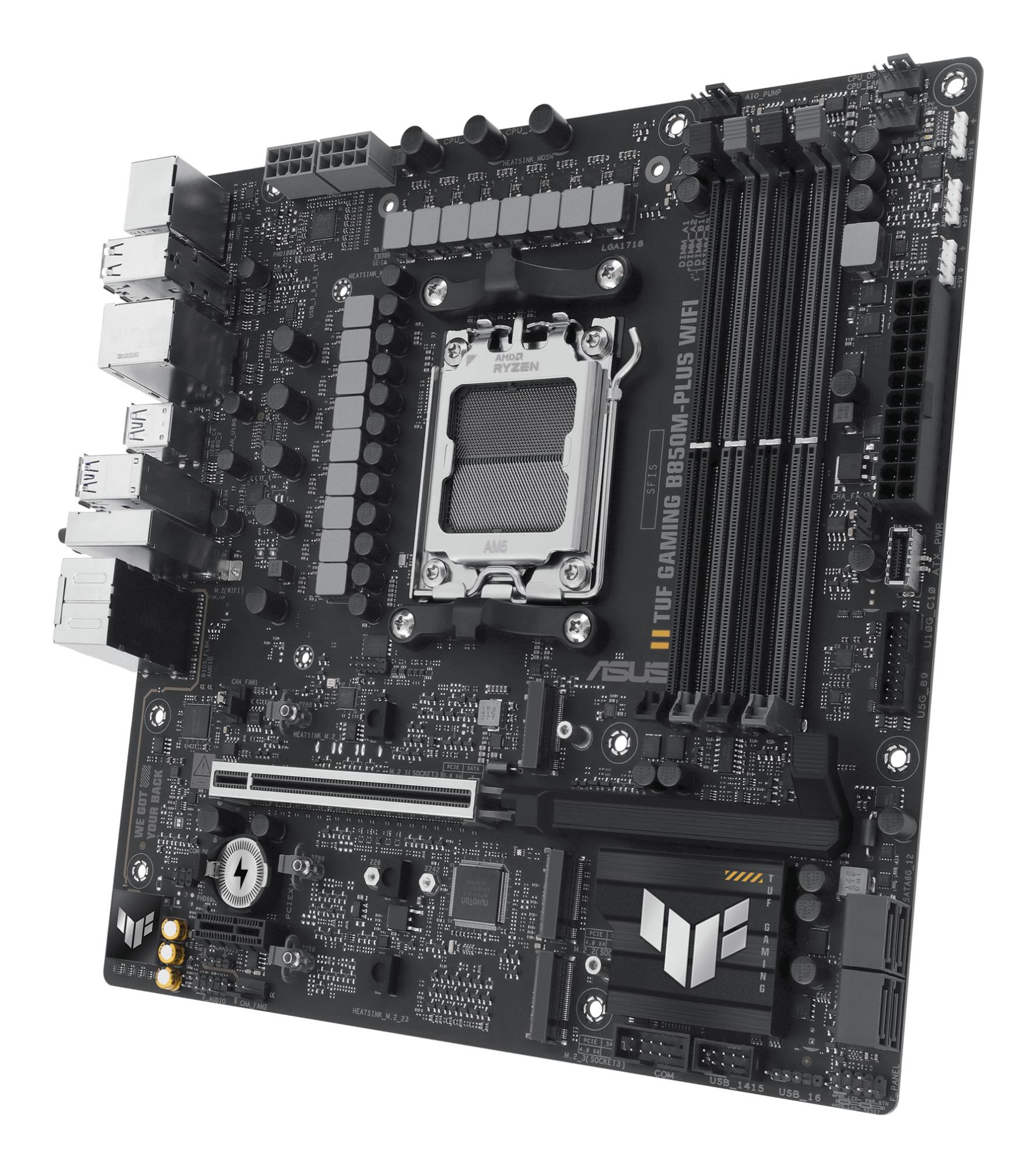 Mainboard ASUS AMD B850 SAM5 Micro-ATX Memory DDR5 Memory slots 4 1xPCI-Express 4.0 1x 1xPCI-Express 4.0 16x 1xPCI-Express 5.0 16x 3xM.2 1xHDMI 1xDisplayPort 11xUSB 2.0 2xUSB-C 1xRJ45 5xAudio port GAMINGB850M-PLUSWIFI