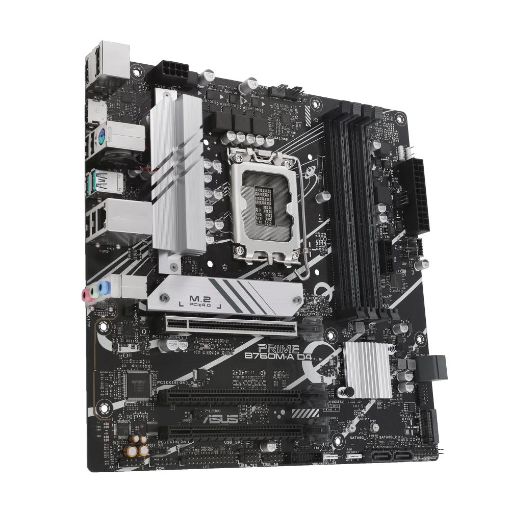 Mainboard ASUS Intel B760 Express LGA1700 Micro-ATX Memory DDR4 Memory slots 4 1xPCI-Express 4.0 16x 2xM.2 1xHDMI 1xDisplayPort 4xUSB 2.0 2xUSB 3.2 1xPS/2 1xRJ45 3xAudio port PRIMEB760M-AD4-CSM