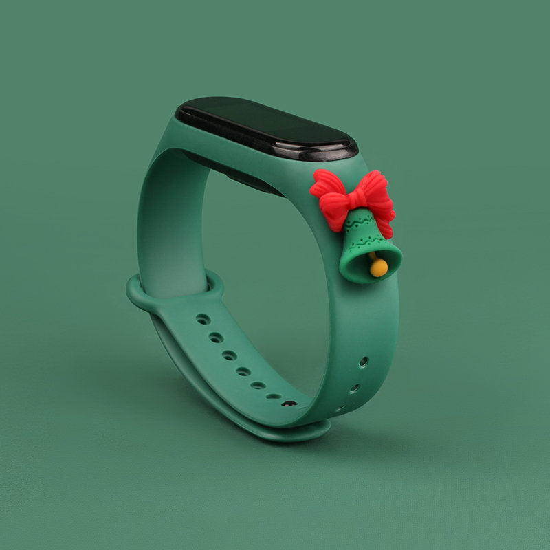 Strap Xmas for Xiaomi Mi Band 3 / 4 Christmas Silicone Strap Bracelet with Bell - Dark Green — Hurtel