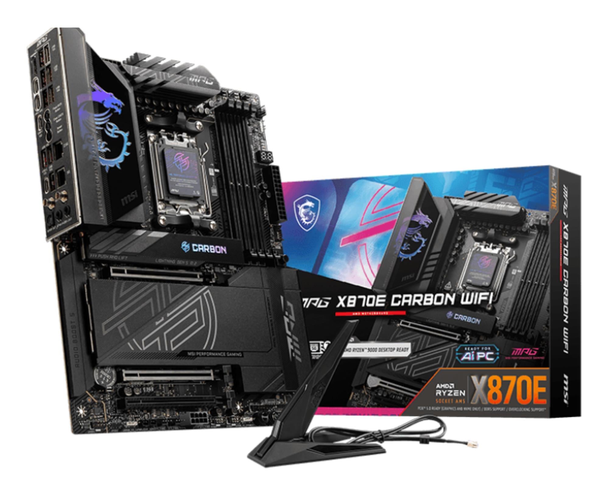 Mainboard MSI AMD X870E SAM5 ATX Memory DDR5 Memory slots 4 3xPCI-Express 16x 1xPCI-Express 4.0 4x 1xPCI-Express 5.0 4x 1xPCI-Express 5.0 16x 4xM.2 4xUSB 2.0 4xUSB 3.2 3xUSB-C 1xOptical S/PDIF 2xRJ45 2xAudio port MPGX870ECARBONWIFI