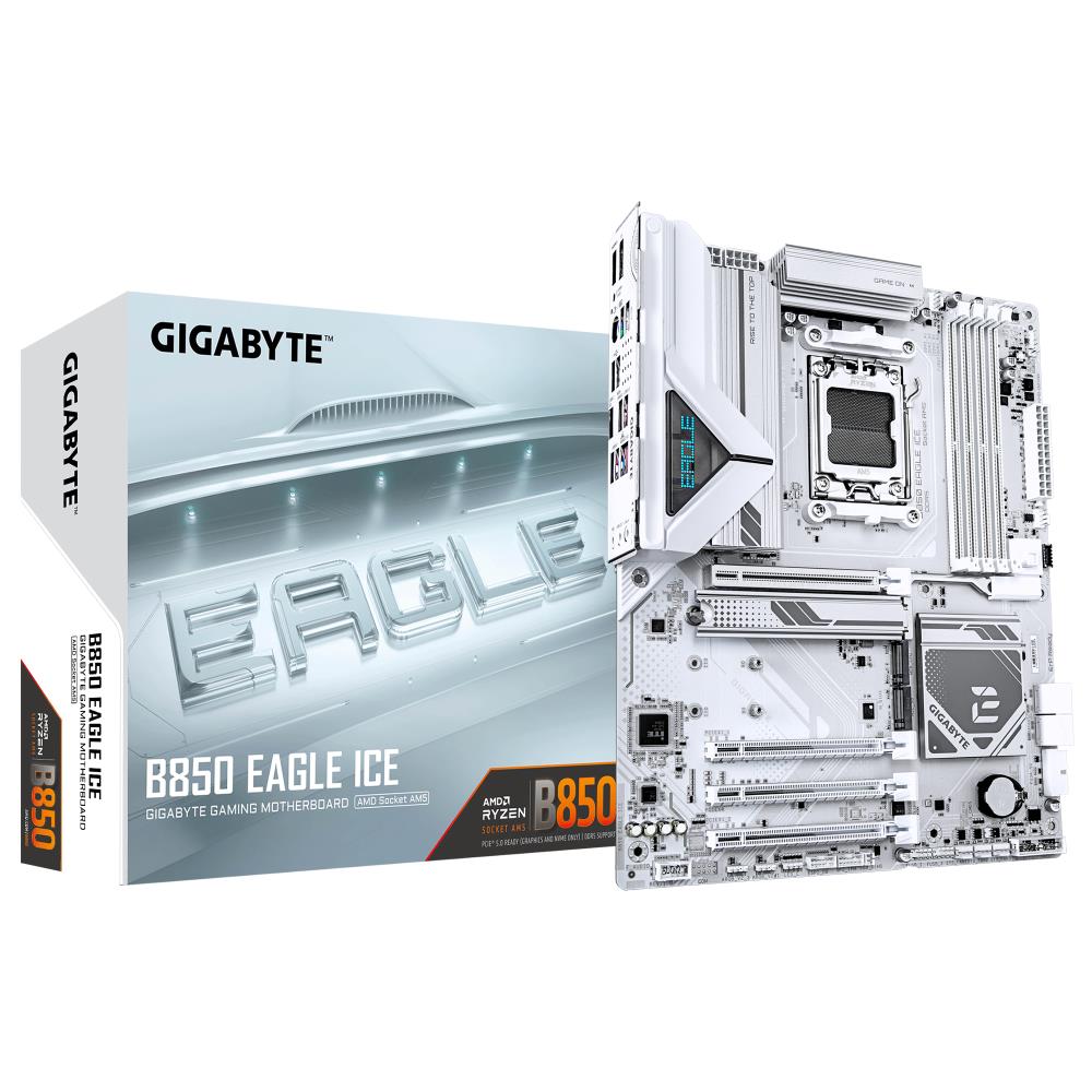 Mainboard GIGABYTE AMD B850 SAM5 ATX Memory DDR5 Memory slots 4 2xPCI-Express 3.0 1x 1xPCI-Express 4.0 4x 1xPCI-Express 5.0 16x 3xM.2 1xHDMI 1xDisplayPort 4xUSB 2.0 2xUSB 3.2 1xUSB-C 1xRJ45 3xAudio port B850EAGLEICE