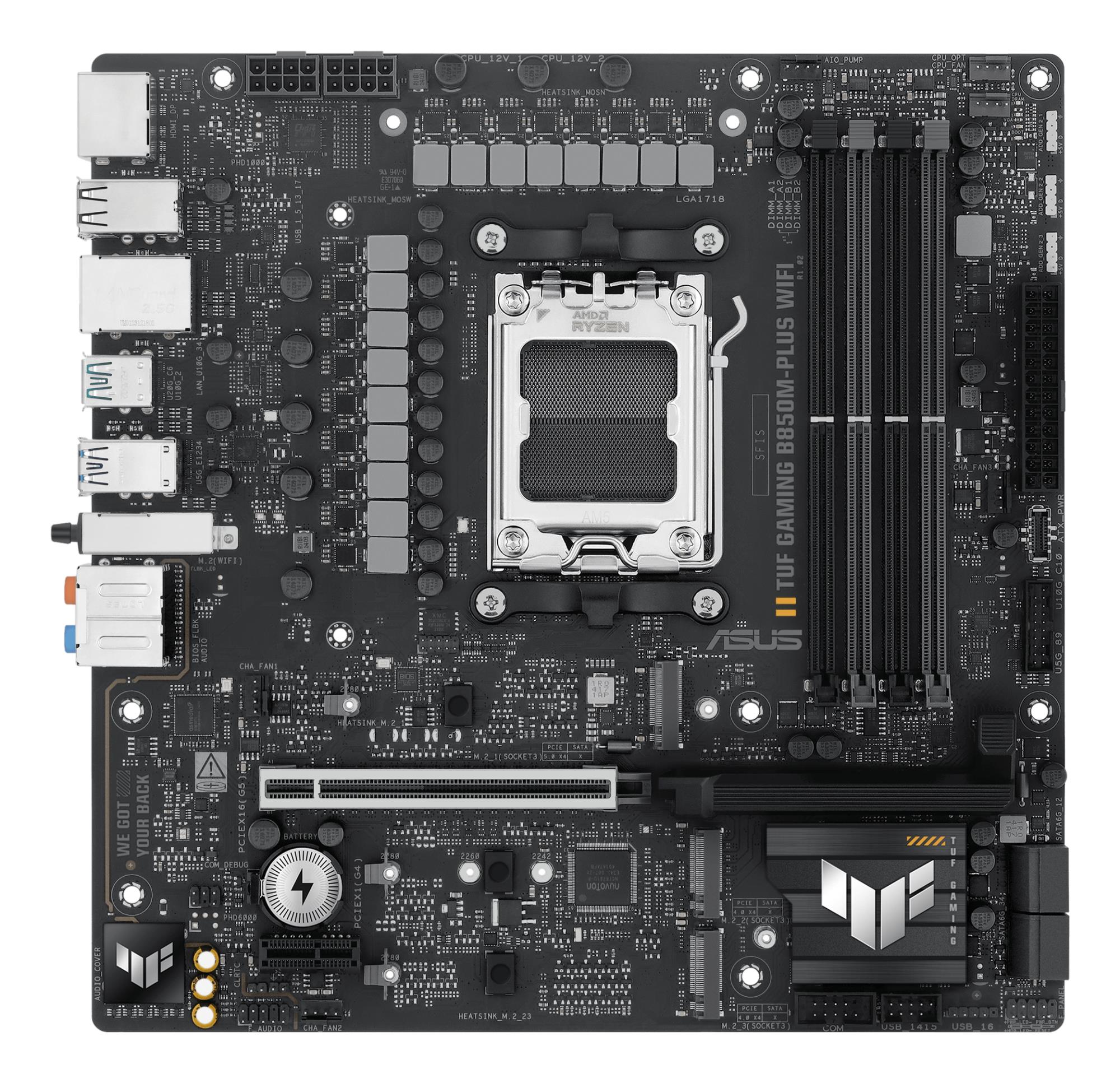Mainboard ASUS AMD B850 SAM5 Micro-ATX Memory DDR5 Memory slots 4 1xPCI-Express 4.0 1x 1xPCI-Express 4.0 16x 1xPCI-Express 5.0 16x 3xM.2 1xHDMI 1xDisplayPort 11xUSB 2.0 2xUSB-C 1xRJ45 5xAudio port GAMINGB850M-PLUSWIFI