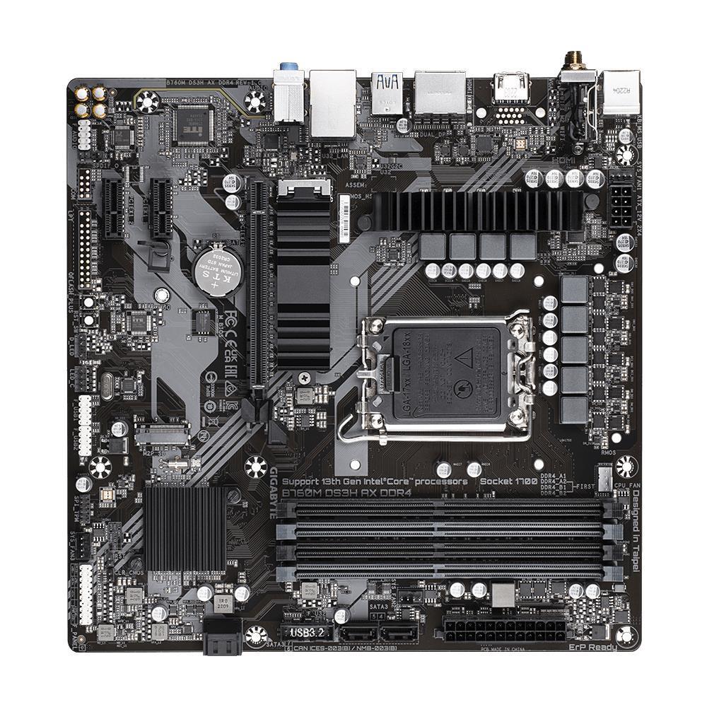 Mainboard GIGABYTE Intel B760 Express LGA1700 Micro-ATX Memory DDR4 Memory slots 4 2xPCI-Express 3.0 1x 1xPCI-Express 4.0 16x 2xM.2 1xHDMI 2xDisplayPort 2xAudio-In 1xAudio-Out 2xUSB 2.0 3xUSB 3.2 1xUSB-C 1xPS/2 1xRJ45 2xRF-Out B760MDS3HAXDDR41.2