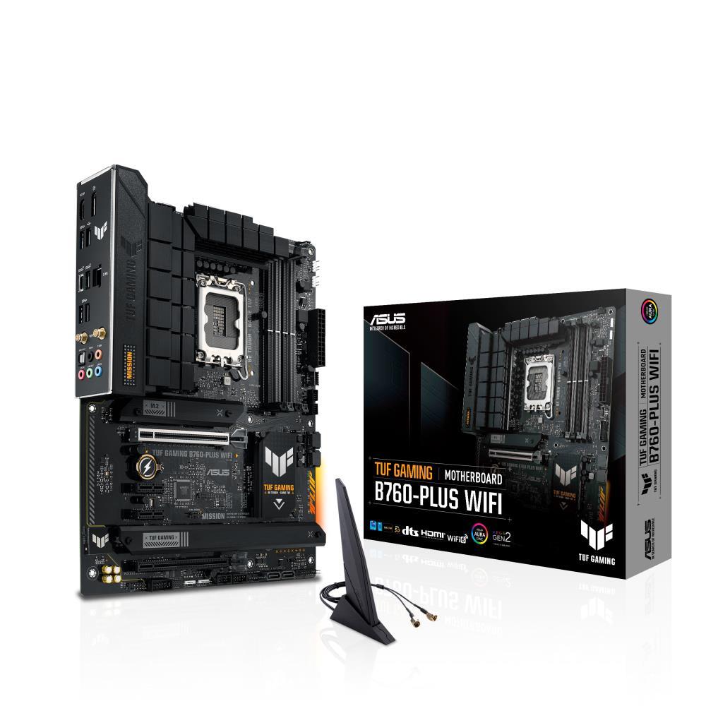 Mainboard ASUS Intel B760 Express LGA1700 ATX Memory DDR5 Memory slots 4 2xPCI-Express 3.0 1x 1xPCI-Express 3.0 16x 1xPCI-Express 5.0 16x 3xM.2 1xHDMI 1xDisplayPort 1xUSB 2.0 4xUSB 3.2 1xUSB-C 1xOptical S/PDIF 1xRJ45 5xAudio port TUFGAMINGB760-PLUSWIFI