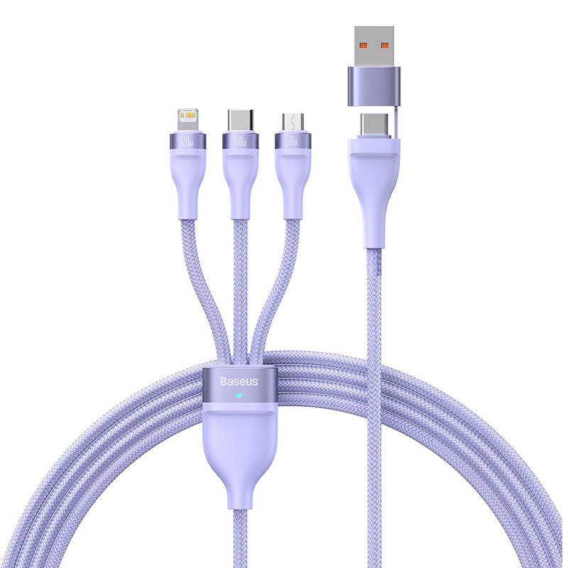 Kabel USB 3w1 Baseus Flash Series 2, USB-C + micro USB + Lightning, 100W, 1.5m (fioletowy) - Image 2