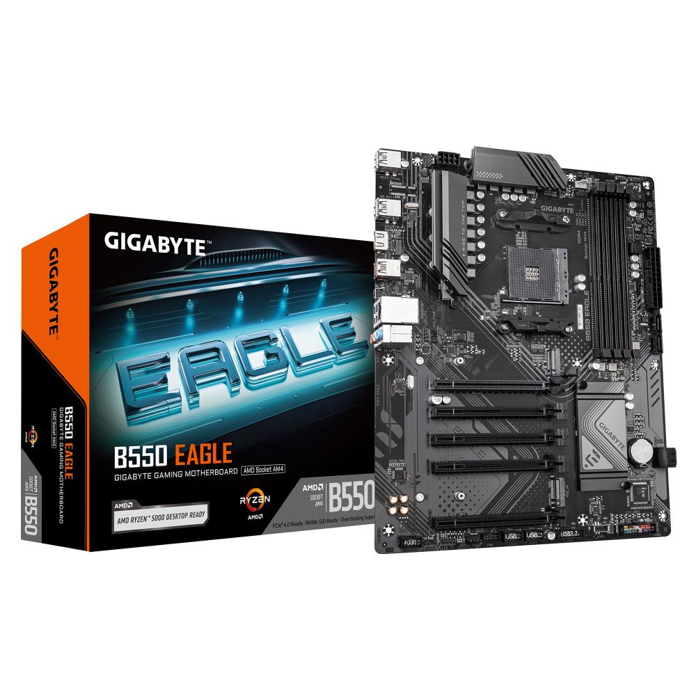 Mainboard GIGABYTE AMD B550 SAM4 ATX Memory DDR4 Memory slots 4 4xPCI-Express 3.0 1x 1xPCI-Express 4.0 16x 2xM.2 1xHDMI 4xUSB 2.0 1xUSB 3.2 type B 2xUSB 3.2 1xUSB-C 1xRJ45 3xAudio port B550EAGLE1.0