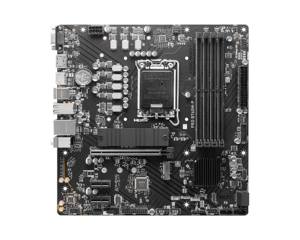 Mainboard MSI Intel B760 Express LGA1700 Micro-ATX Memory DDR5 Memory slots 4 2xPCI-Express 1x 1xPCI-Express 16x 2xM.2 1x15pin D-sub 1xHDMI 1xDisplayPort 4xUSB 2.0 1xUSB 3.2 1xUSB-C 2xPS/2 1xRJ45 3xAudio port PROB760M-P