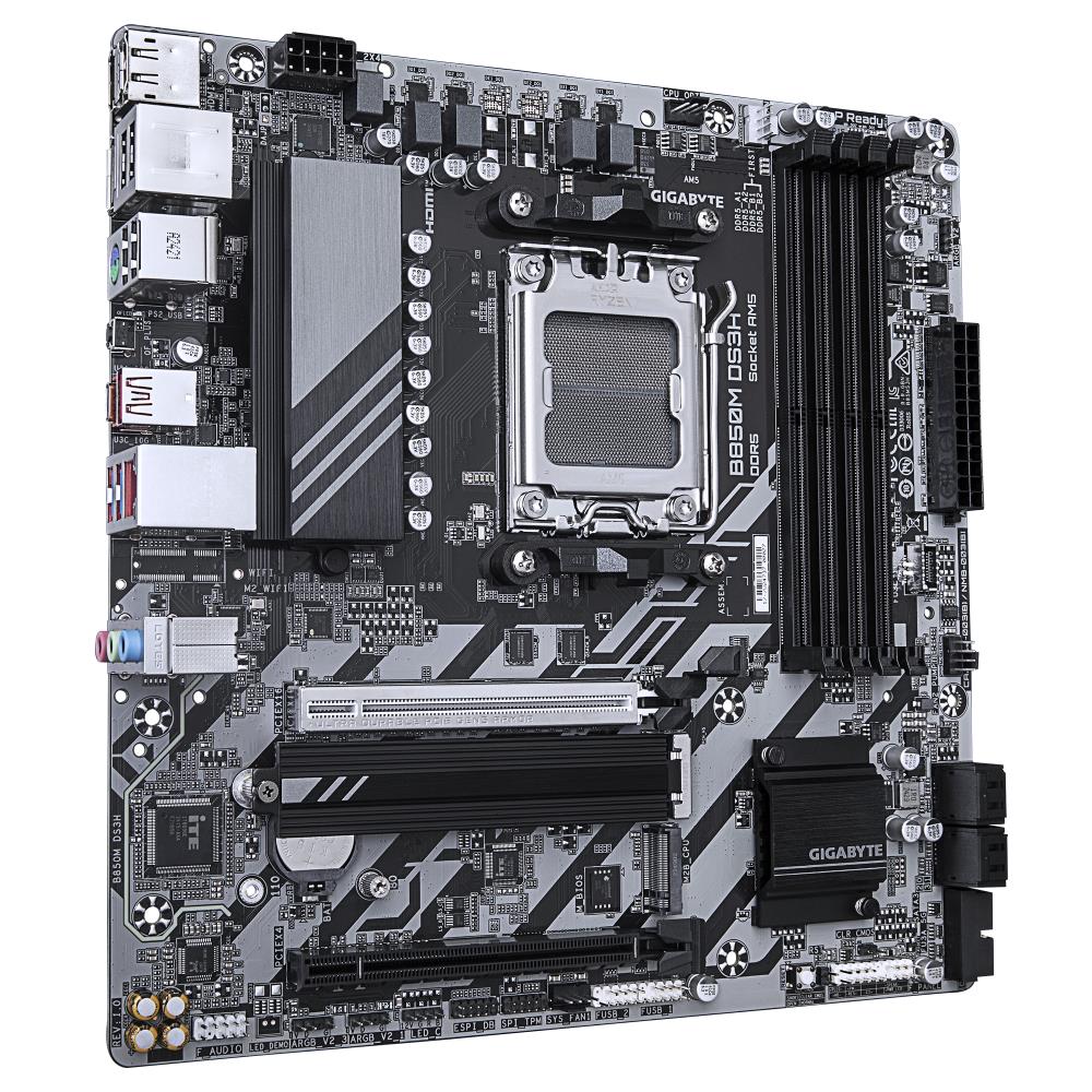 Mainboard GIGABYTE AMD B850 SAM5 Micro-ATX Memory DDR5 Memory slots 4 1xPCI-Express 3.0 4x 1xPCI-Express 5.0 16x 2xM.2 1xHDMI 2xDisplayPort 4xUSB 2.0 2xUSB 3.2 type B 1xUSB 3.2 1xUSB-C 1xPS/2 1xRJ45 3xAudio port B850MDS3H