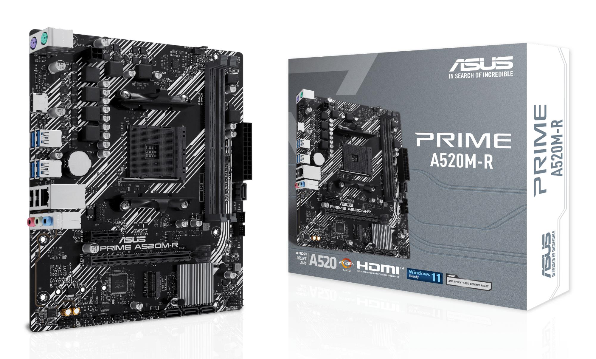 Mainboard ASUS AMD A520 SAM4 Micro-ATX Memory DDR4 Memory slots 2 1xPCI-Express 3.0 1x 1xPCI-Express 3.0 16x 1xM.2 1xHDMI 2xUSB 2.0 4xUSB 3.1 2xPS/2 1xRJ45 3xAudio port PRIMEA520M-R