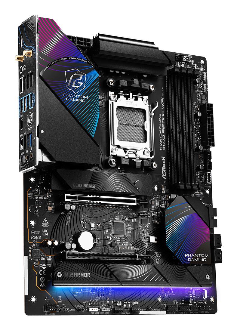 Mainboard ASROCK AMD X870 SAM5 ATX Memory DDR5 Memory slots 4 1xPCI-Express 4.0 16x 1xPCI-Express 5.0 16x 4xM.2 1xHDMI 4xUSB 2.0 5xUSB 3.2 2xUSB-C 1xOptical S/PDIF 1xRJ45 2xAudio port X870RIPTIDEWIFI