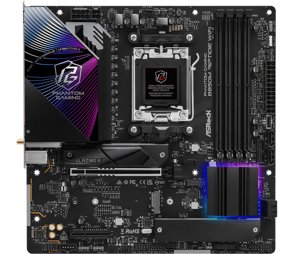 Mainboard ASROCK AMD B850 SAM5 Micro-ATX Memory DDR5 Memory slots 4 1xHDMI 1xDisplayPort 1xAudio-In 1xAudio-Out 1xMicrophone 4xUSB 2.0 3xUSB 3.2 1xUSB-C 1xRJ45 B850MRIPTIDEWIFI