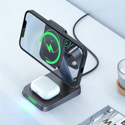 Acefast Qi Wireless Charger 15W for iPhone (with MagSafe), Apple Watch and Apple AirPods Stand Holder Magnetic Holder Black (