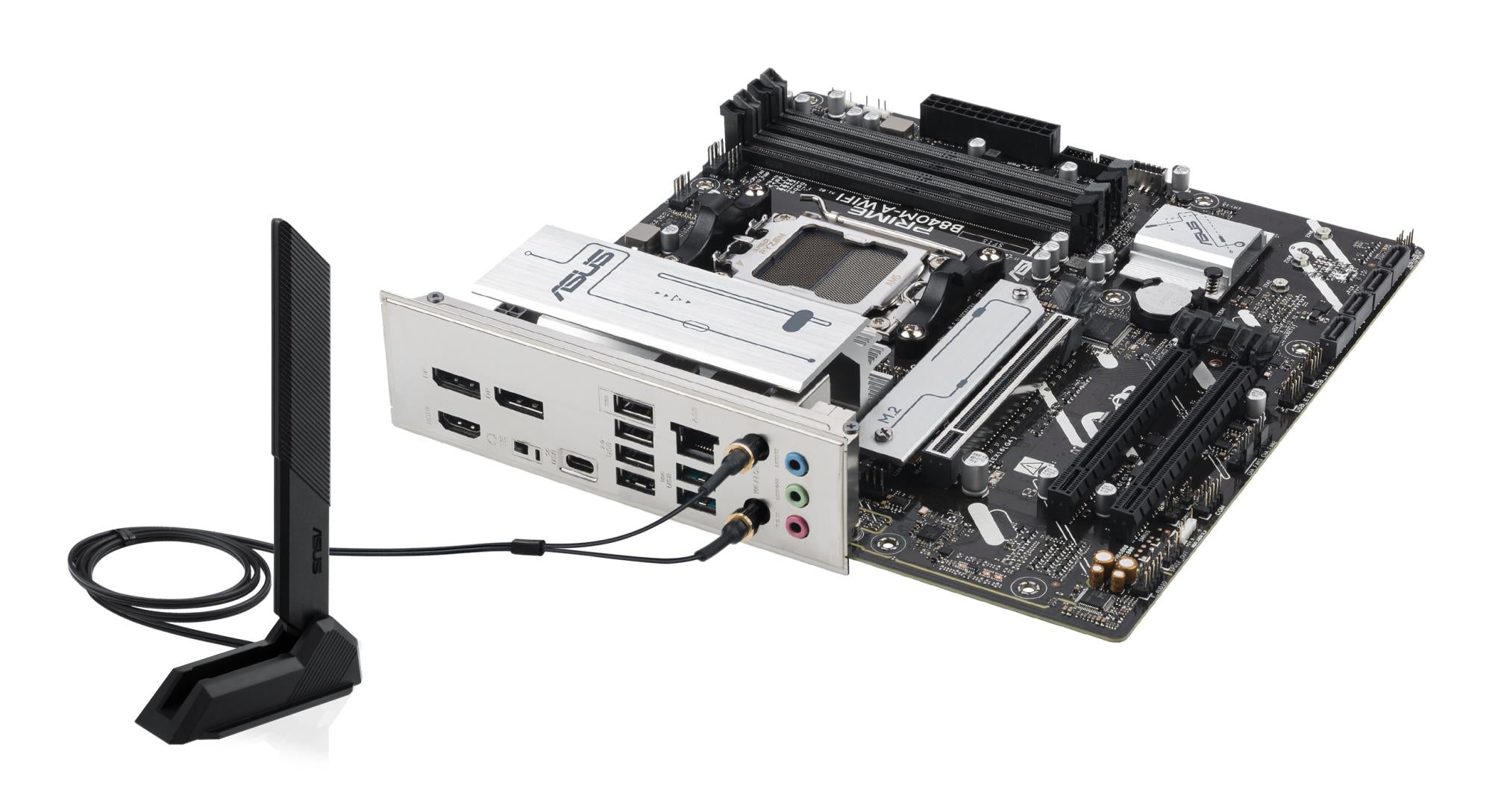 Mainboard ASUS AMD B840 SAM5 Micro-ATX Memory DDR5 Memory slots 4 2xPCI-Express 3.0 16x 1xPCI-Express 4.0 16x 3xM.2 1xHDMI 2xDisplayPort 4xUSB 2.0 2xUSB 3.2 1xUSB-C 1xRJ45 3xAudio port PRIMEB840M-AWIFI