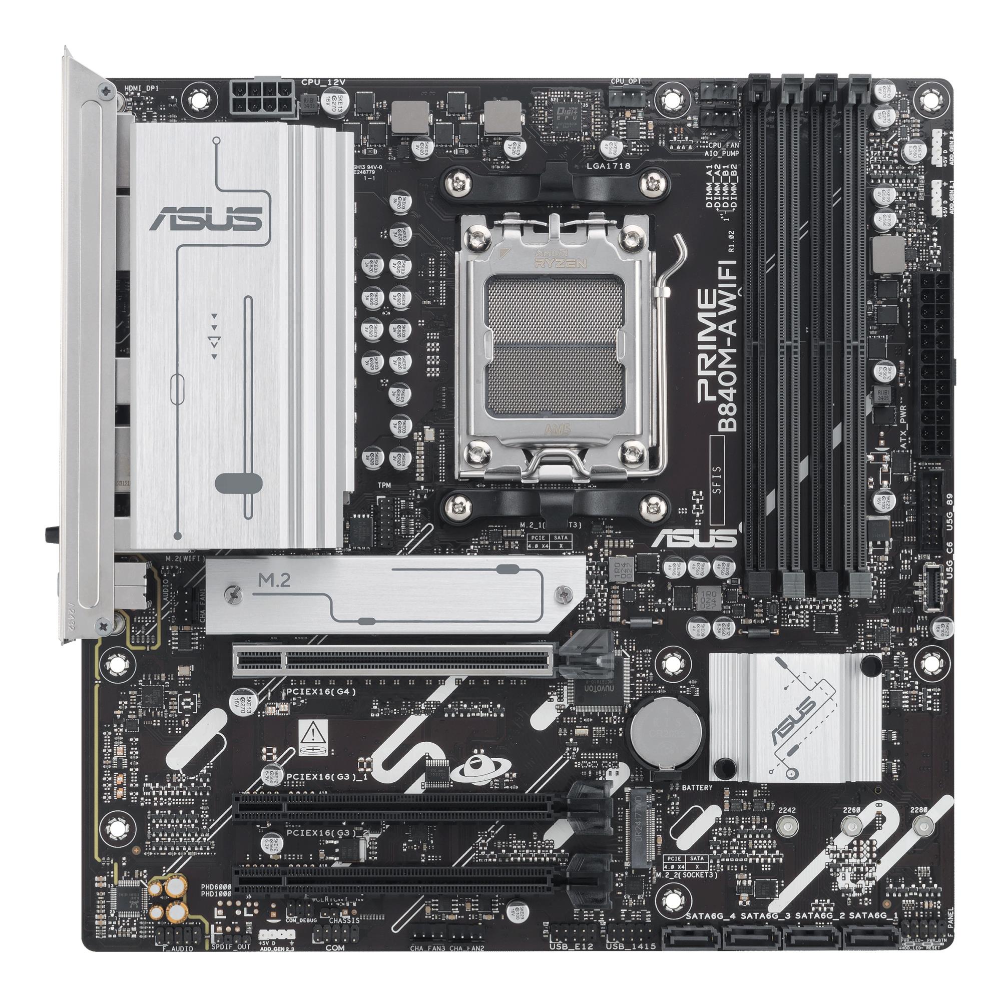 Mainboard ASUS AMD B840 SAM5 Micro-ATX Memory DDR5 Memory slots 4 2xPCI-Express 3.0 16x 1xPCI-Express 4.0 16x 3xM.2 1xHDMI 2xDisplayPort 4xUSB 2.0 2xUSB 3.2 1xUSB-C 1xRJ45 3xAudio port PRIMEB840M-AWIFI