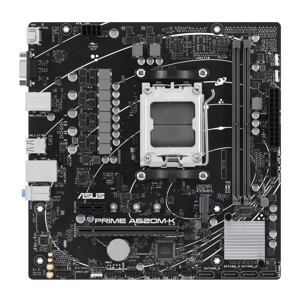 Mainboard ASUS AMD A620 Micro-ATX Memory DDR5 Memory slots 2 1xPCI-Express 3.0 1x 1xPCI-Express 4.0 16x 1xM.2 1x15pin D-sub 1xHDMI 2xUSB 2.0 4xUSB 3.2 1xPS/2 1xRJ45 3xAudio port PRIMEA620M-K