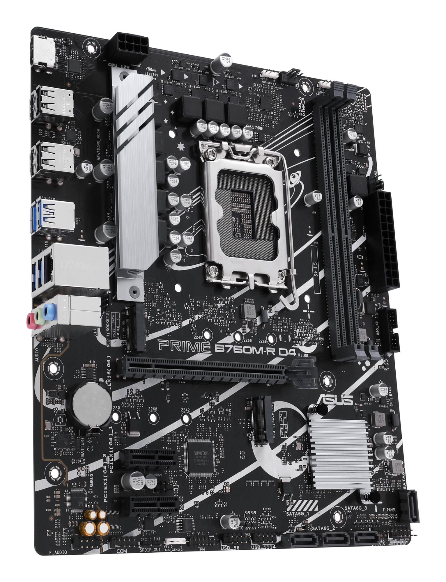 Mainboard ASUS Intel B760 Express LGA1700 Micro-ATX Memory DDR4 Memory slots 2 2xPCI-Express 4.0 1x 1xPCI-Express 4.0 16x 2xM.2 1x15pin D-sub 1xHDMI 4xUSB 2.0 4xUSB 3.2 1xOptical S/PDIF 3xAudio port PRIMEB760M-RD4