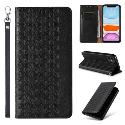 Magnet Strap Case for iPhone 12 Pouch Wallet + Mini Lanyard Pendant Black — Hurtel