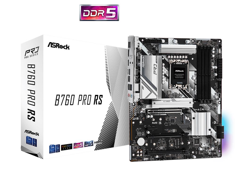 Mainboard ASROCK Intel B760 Express LGA1700 ATX Memory DDR5 Memory slots 4 1xPCI-Express 3.0 1x 1xPCI-Express 3.0 16x 1xPCI-Express 4.0 16x 1xPCI-Express 5.0 16x 3xM.2 1xHDMI 1xDisplayPort 2xUSB 2.0 5xUSB 3.2 1xUSB-C 1xRJ45 3xAudio port B760PRORS