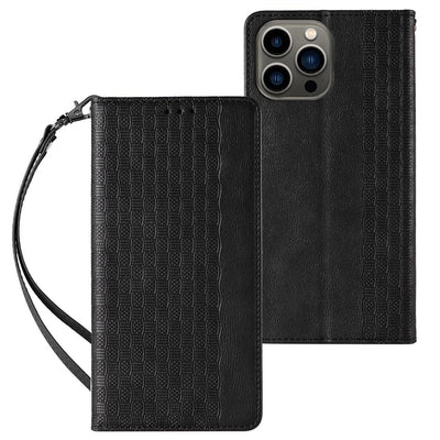 Magnet Strap Case for iPhone 14 Pro Flip Wallet Mini Lanyard Stand Black — Hurtel