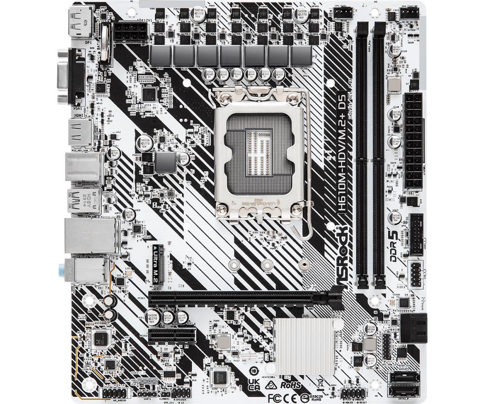 Mainboard ASROCK Intel H610 LGA1700 Micro-ATX Memory DDR5 Memory slots 2 1xPCI-Express 3.0 1x 1xPCI-Express 4.0 16x 1xM.2 1x15pin D-sub 1xHDMI 1xDisplayPort 1xAudio-In 1xAudio-Out 1xMicrophone 4xUSB 2.0 1xUSB 3.2 1xUSB-C 1xPS/2 1xRJ45 H610M-HDV/M.2+D5